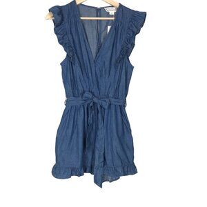 Loveriche Blue Cotton Ruffle Belted Romper  Size Medium  NWT